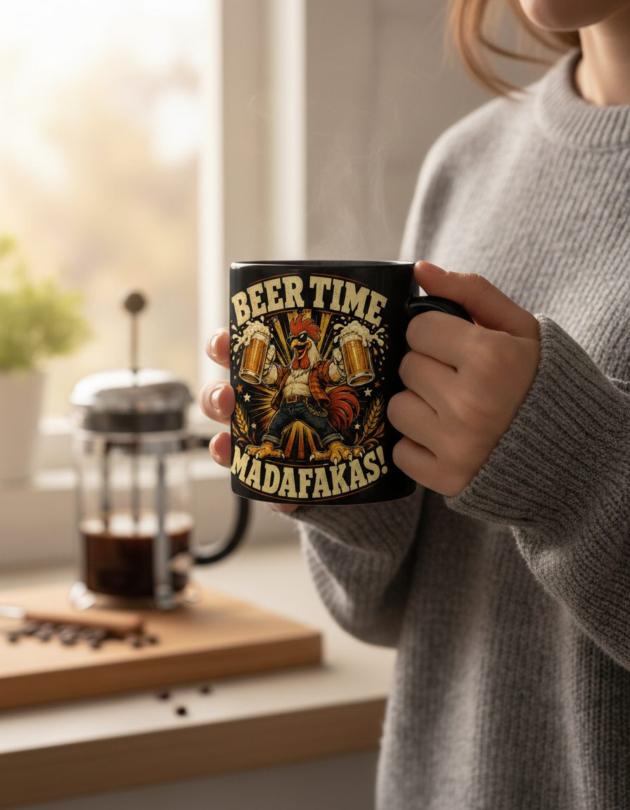 Beer Time Madafakas Funny Rooster Black - lifestyle model mockup - Black