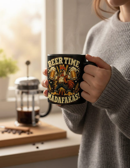 Beer Time Madafakas Funny Rooster Black - lifestyle model mockup - Black