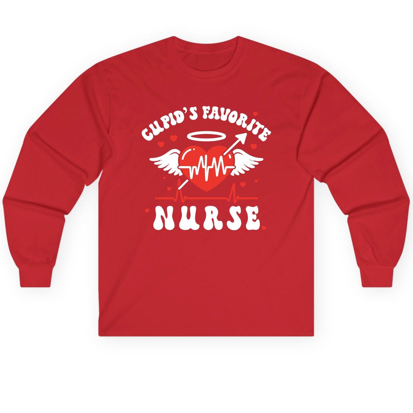 Cupid's Favorite Nurse nursing Long Sleeve Tee Red product mockup