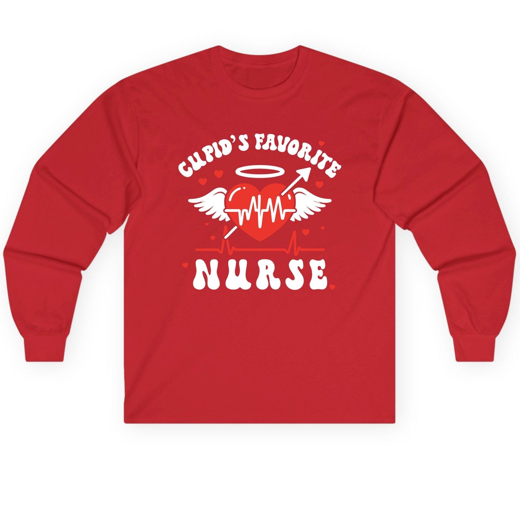Cupid's Favorite Nurse nursing Long Sleeve Tee Red product mockup