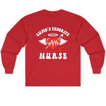 Cupid's Favorite Nurse nursing Long Sleeve Tee Red product mockup