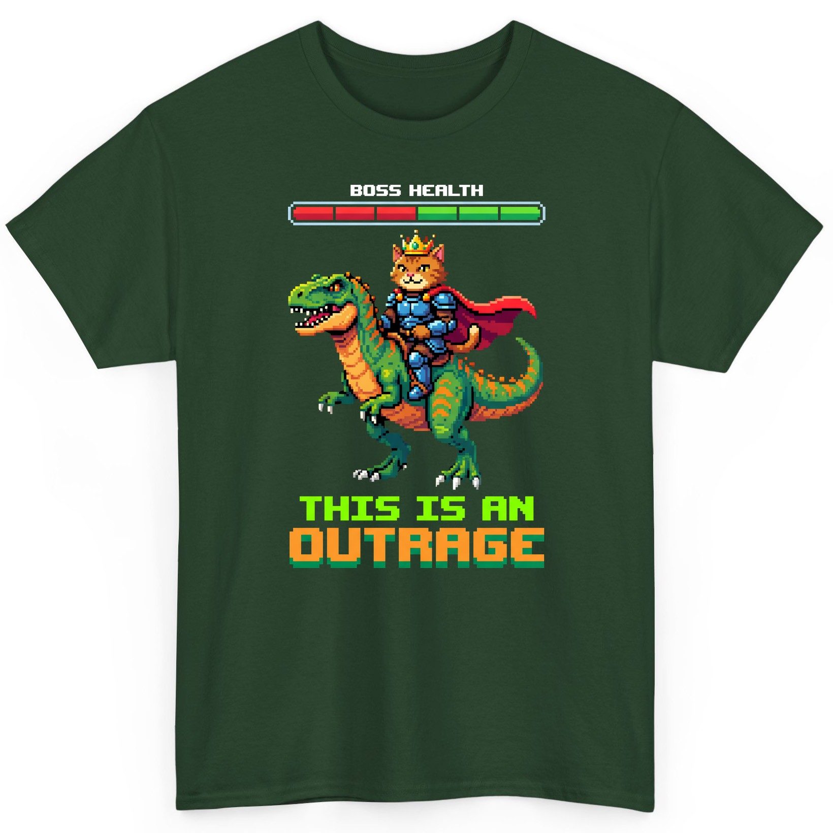 THIS IS AN OUTRAGE Cat riding a dinosaur T-Shirt Forest Green product mockup