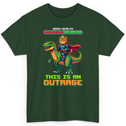 THIS IS AN OUTRAGE Cat riding a dinosaur T-Shirt Forest Green product mockup