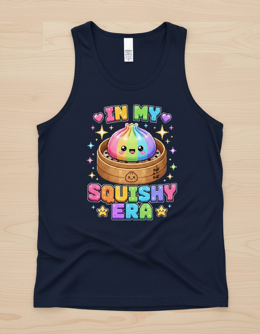 In My Squishy Era Retro Kawaii Dumpling Tank Top - product mockup - Navy