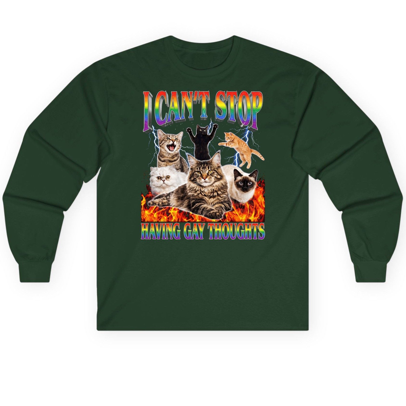 I Can't Stop Having Gay Thoughts cats Long Sleeve Tee Forest Green product mockup