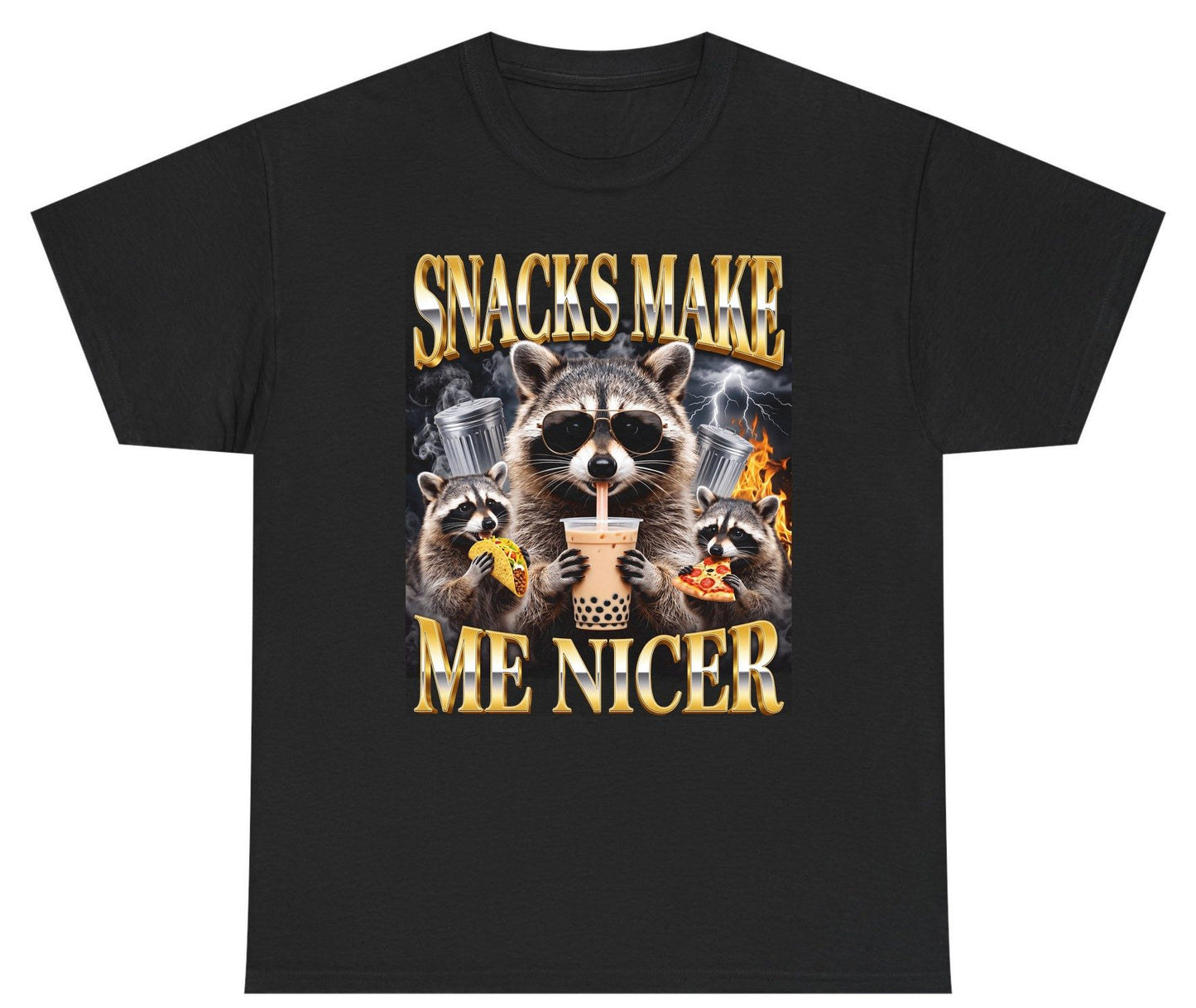 SNACKS MAKE ME NICER Funny Raccoon Youth T-Shirt - product mockup - Black
