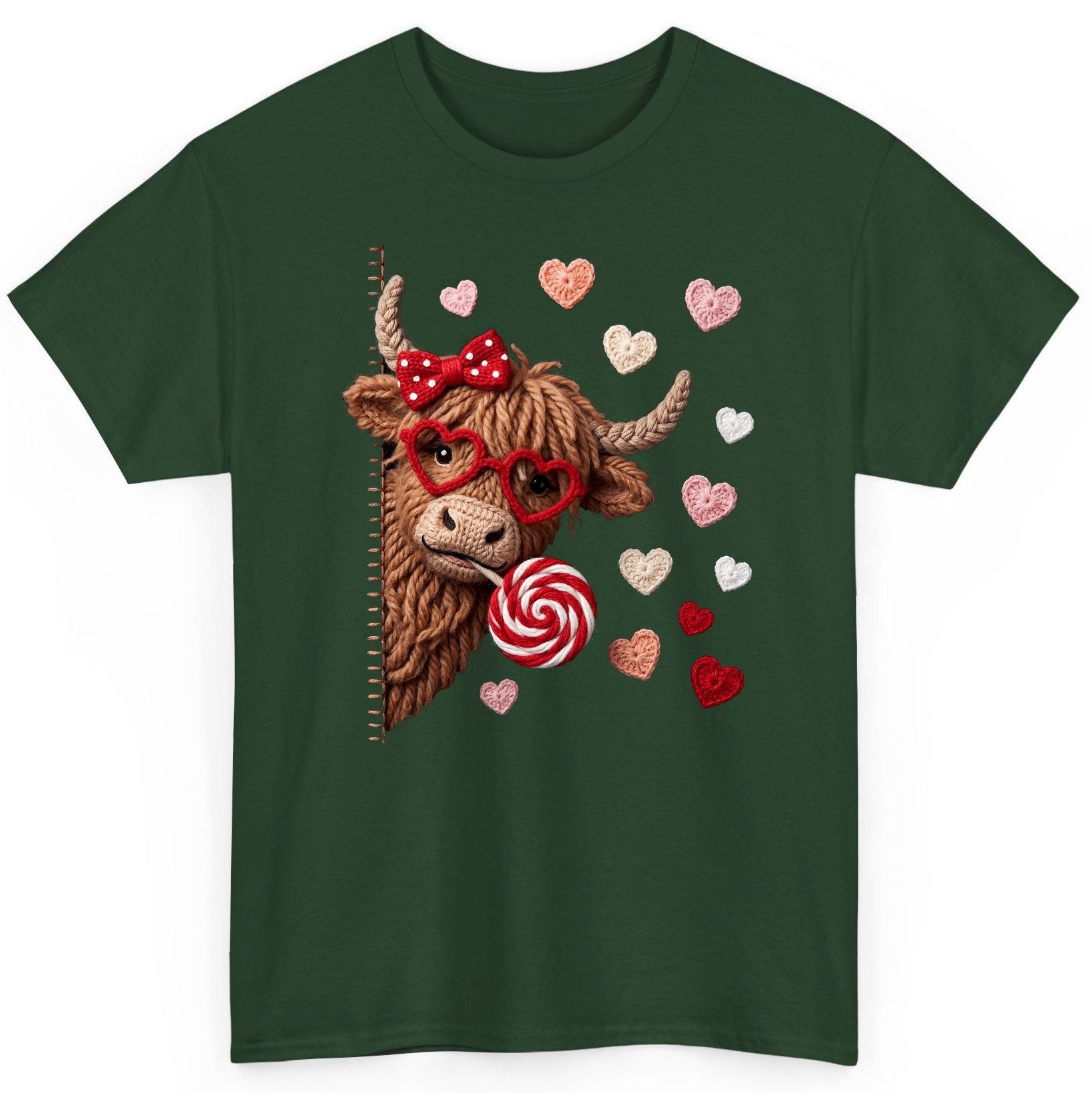 Crochet Valentine's Highland Cow highland cow T-Shirt Forest Green product mockup