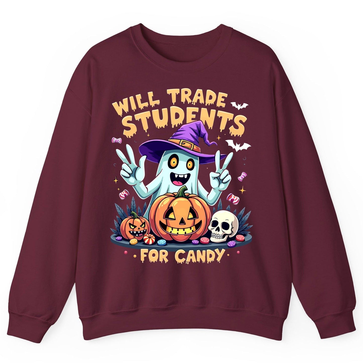Will Trade Students for Candy teacher humor Sweatshirt Maroon product mockup