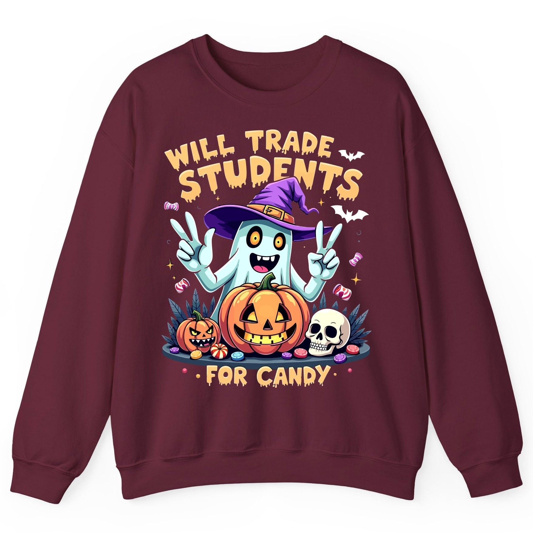 Will Trade Students for Candy teacher humor Sweatshirt Maroon product mockup