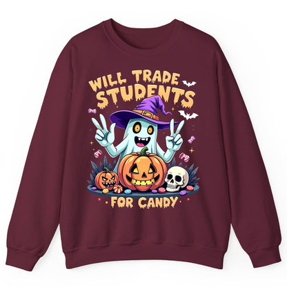 Will Trade Students for Candy teacher humor Sweatshirt Maroon product mockup