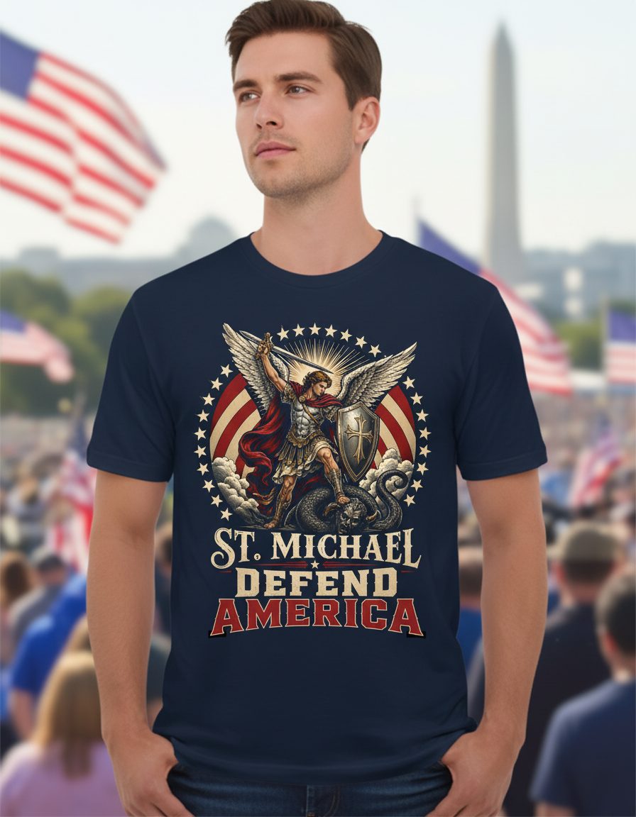 St Michael Defend America Patriotic Christian T-Shirt - product mockup - Navy