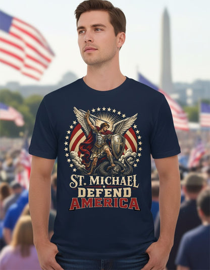 St Michael Defend America Patriotic Christian T-Shirt - product mockup - Navy
