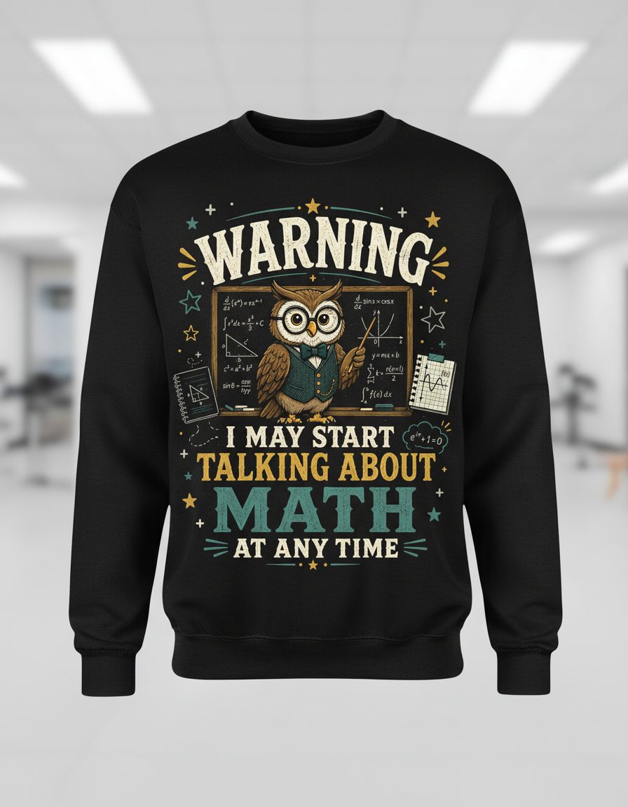 Warning I May Start Talking About Math at Any Time Funny Teachers Sweatshirt - product mockup - Black