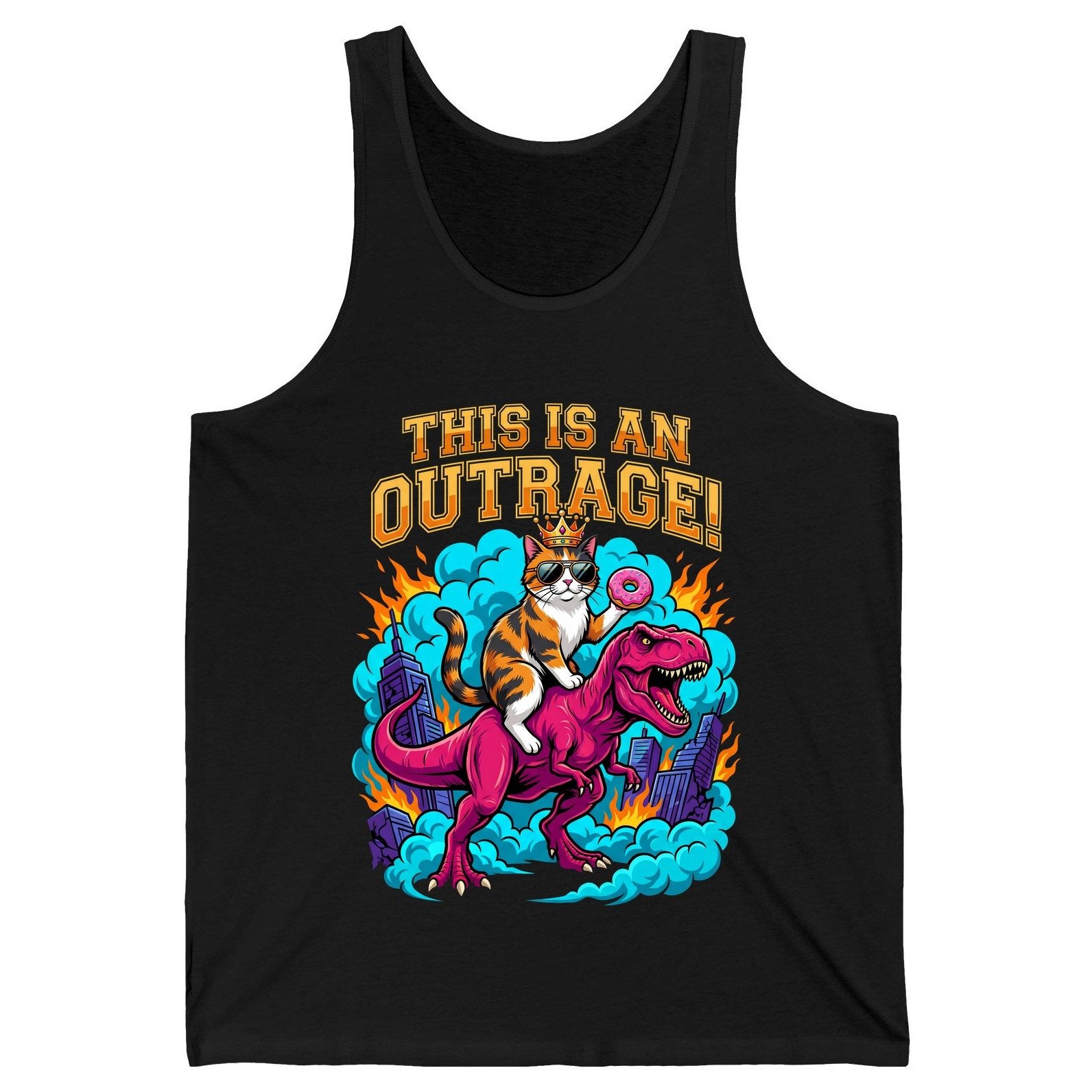 THIS IS AN OUTRAGE! Cat riding a T-Rex Tank Top Black product mockup