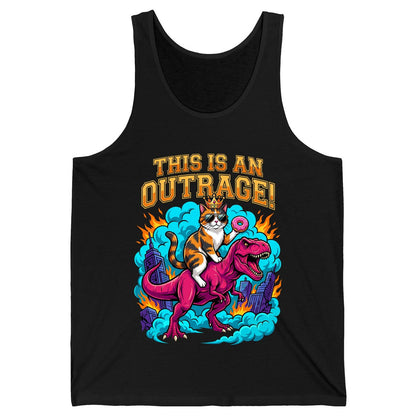 THIS IS AN OUTRAGE! Cat riding a T-Rex Tank Top Black product mockup