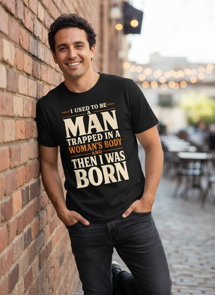 Man Trapped In A Woman's Body Funny Quote T-Shirt - Black