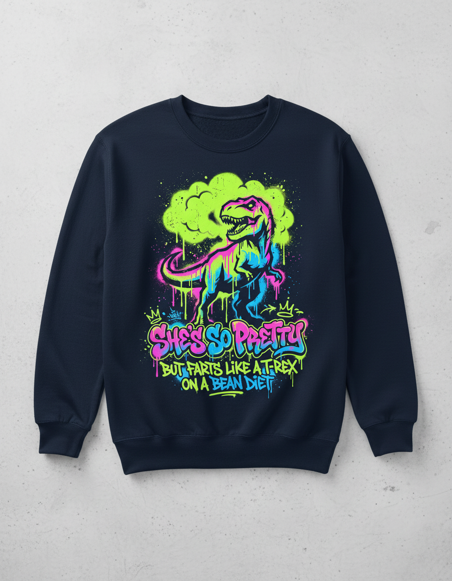 Funny T-Rex Graffiti Art 'She's So Pretty' Sweatshirt - Navy