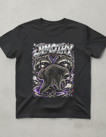 Jimothy Funny Raccoon T-Shirt - product mockup - Dark Heather