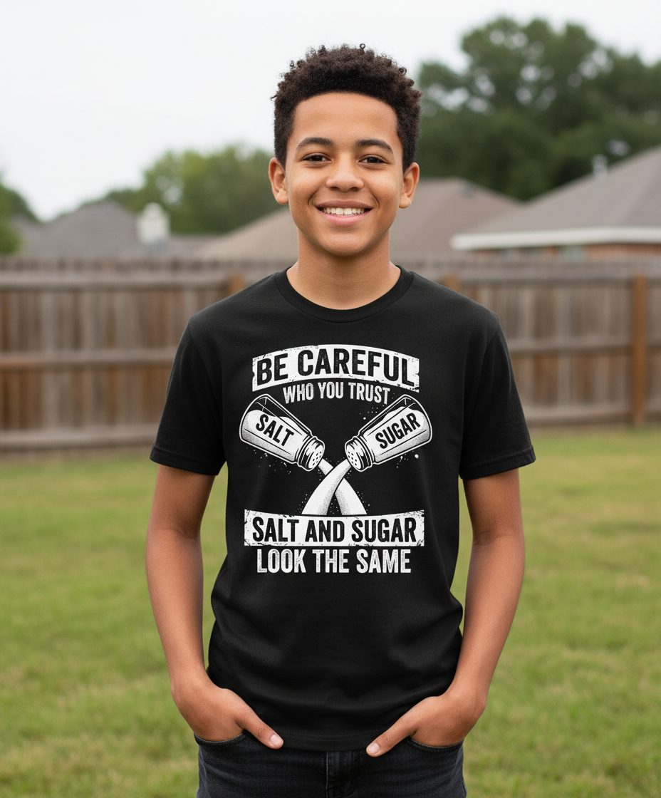 BE Careful WHO YOU TRUST SALT AND SUGAR LOOK THE SAME Youth T-Shirt - lifestyle model mockup - Black