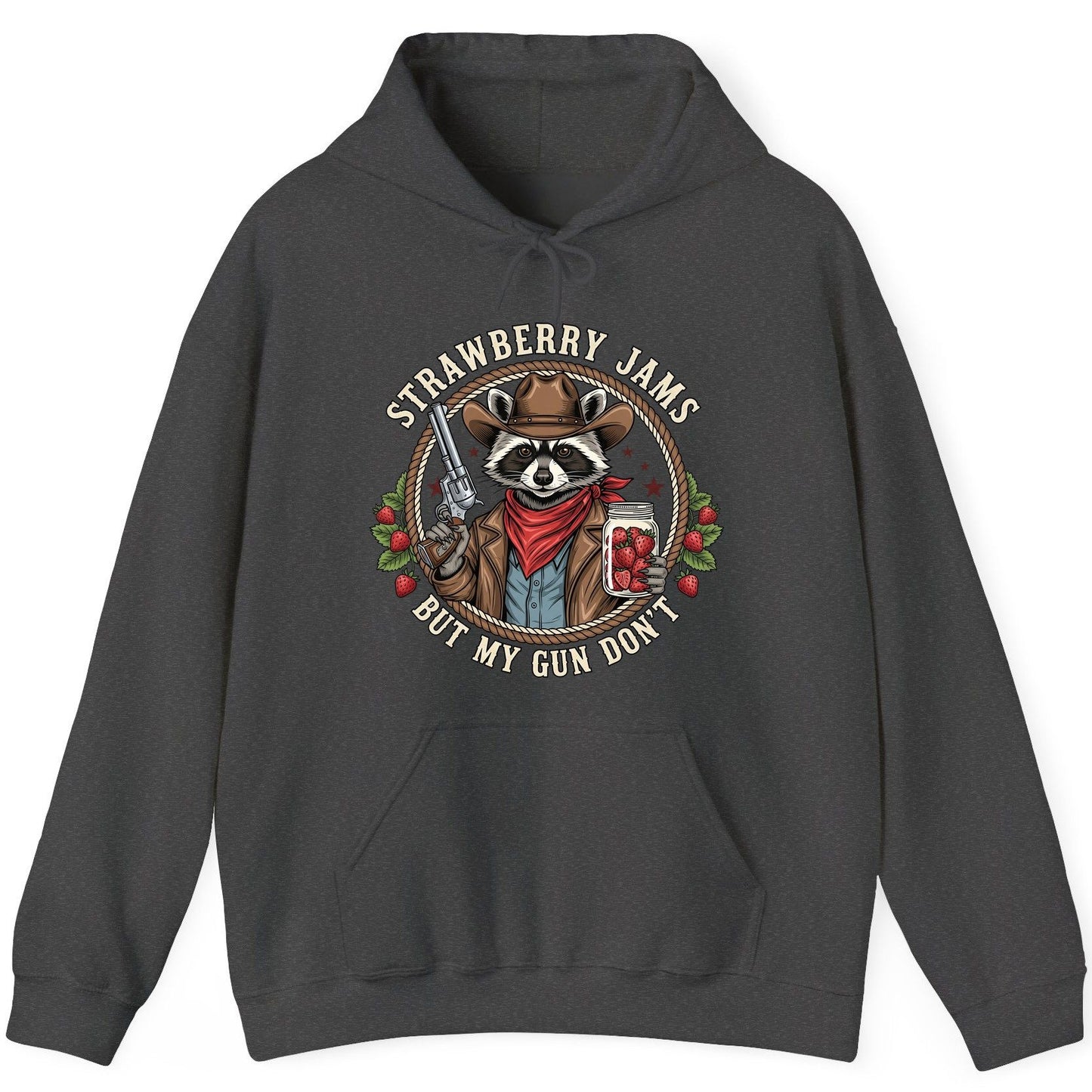 Strawberry Jams but My Gun Don't cowboy raccoon Hoodie Dark Heather product mockup