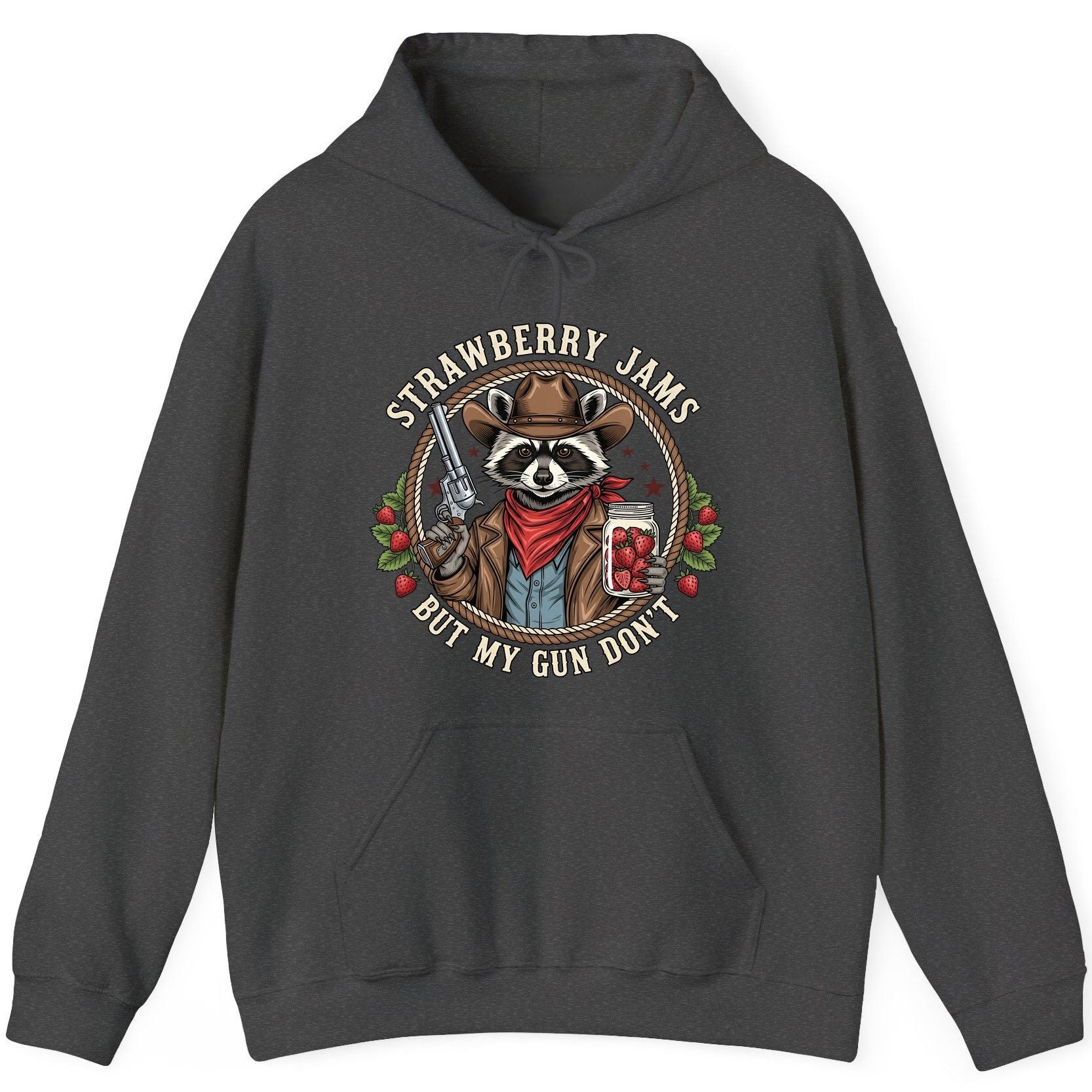Strawberry Jams but My Gun Don't cowboy raccoon Hoodie Dark Heather product mockup