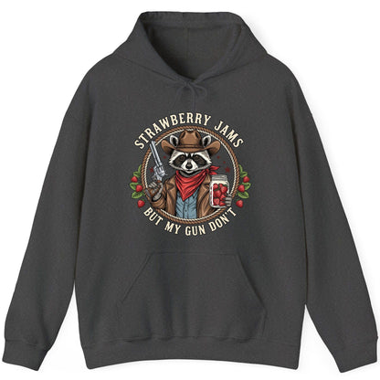 Strawberry Jams but My Gun Don't cowboy raccoon Hoodie Dark Heather product mockup