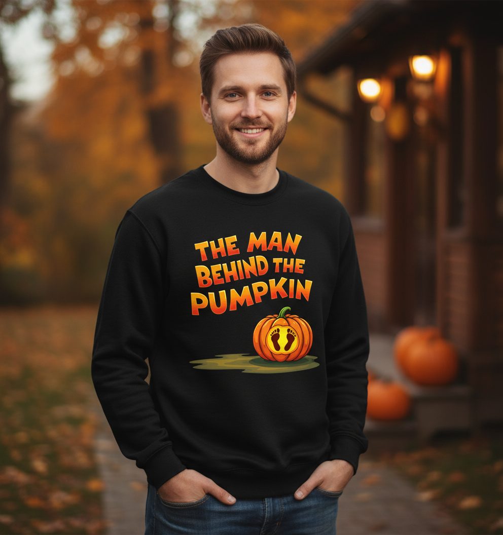 The Man Behind the Pumpkin pregnancy announcement Sweatshirt Black lifestyle mockup