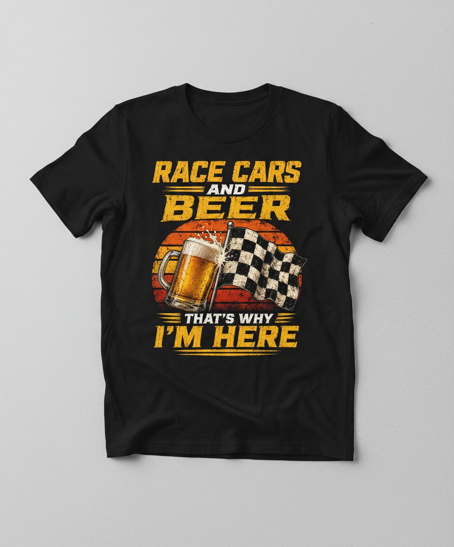 Race Cars and Beer That's Why I'm Here Funny Racing T-Shirt - product mockup - Black