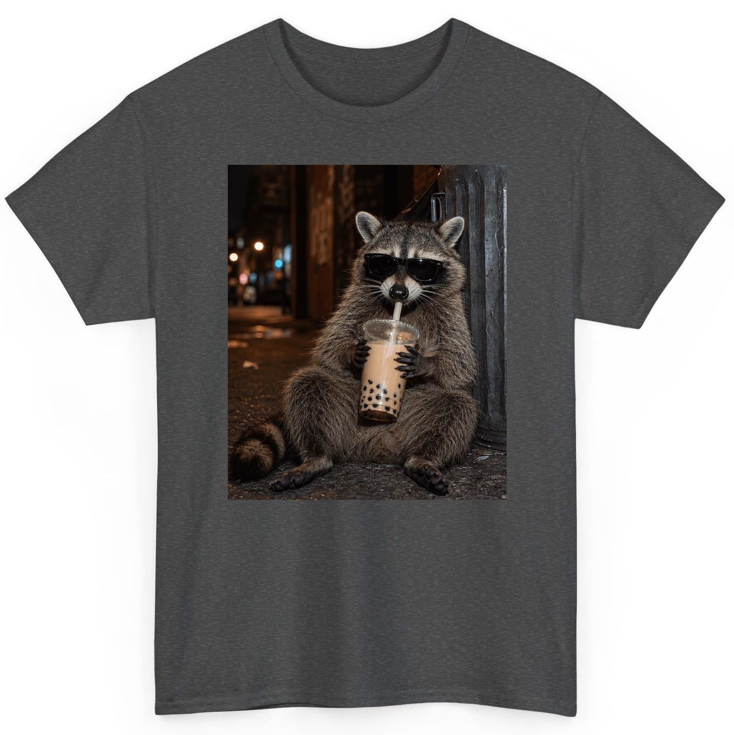 Cool Raccoon Bubble Tea Funny Lovers T-Shirt - product mockup - Dark Heather