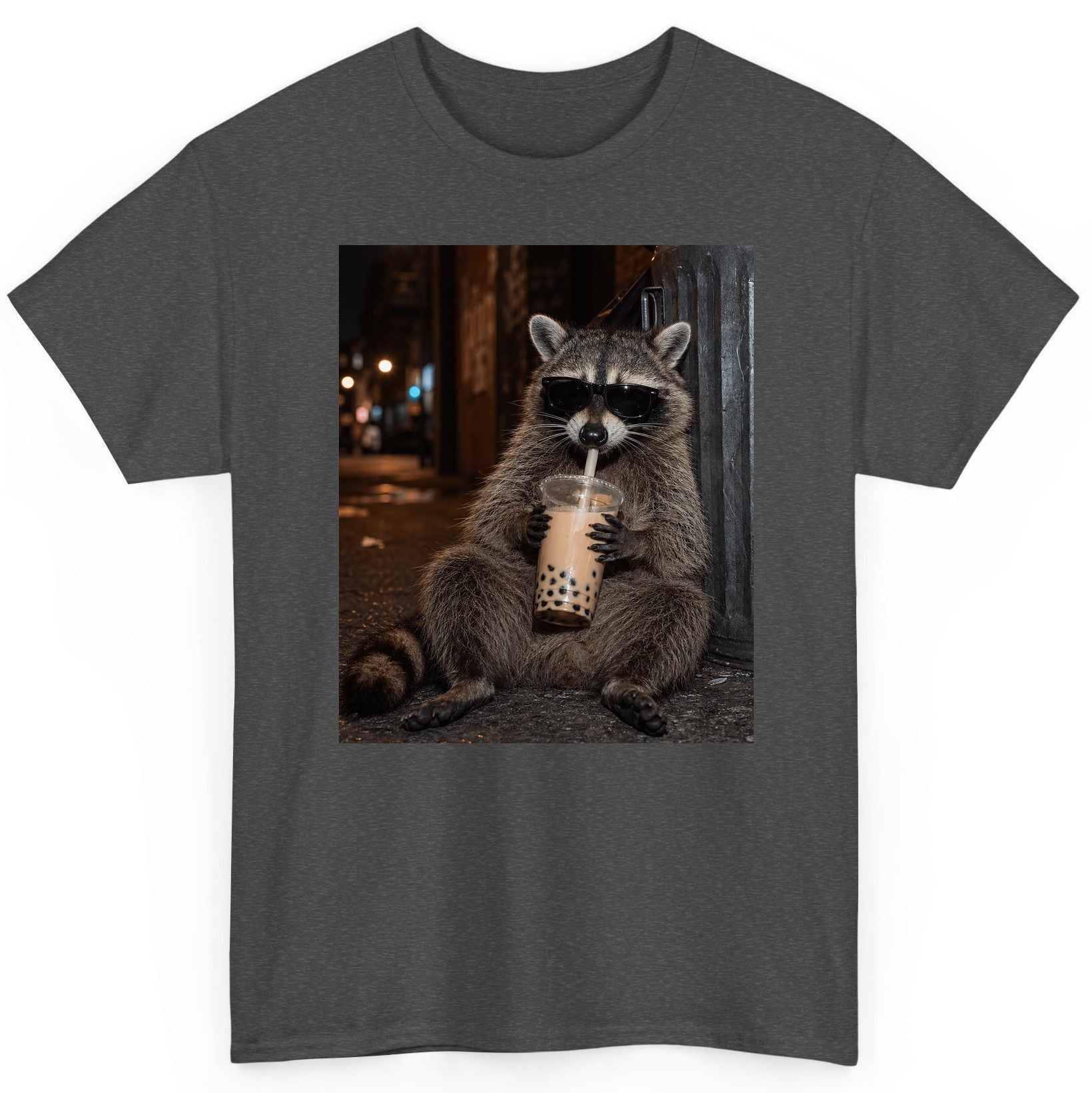 Cool Raccoon Bubble Tea Funny Lovers T-Shirt - product mockup - Dark Heather
