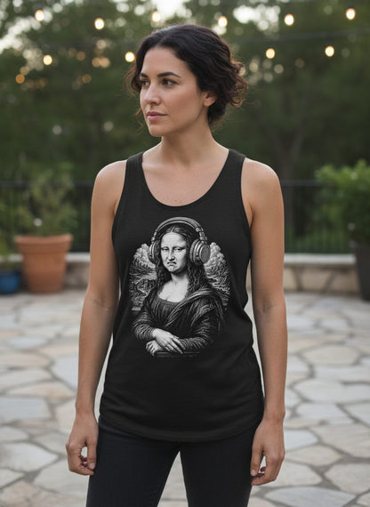 Disgusted Mona Lisa Headphones Funny Art Parody Tank Top - lifestyle model mockup - Black