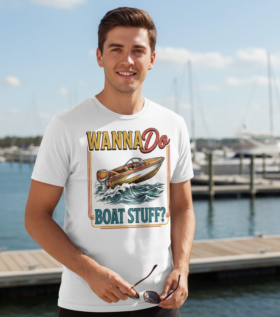 Wanna Do Boat Stuff Retro Boating T-Shirt - lifestyle model mockup - White