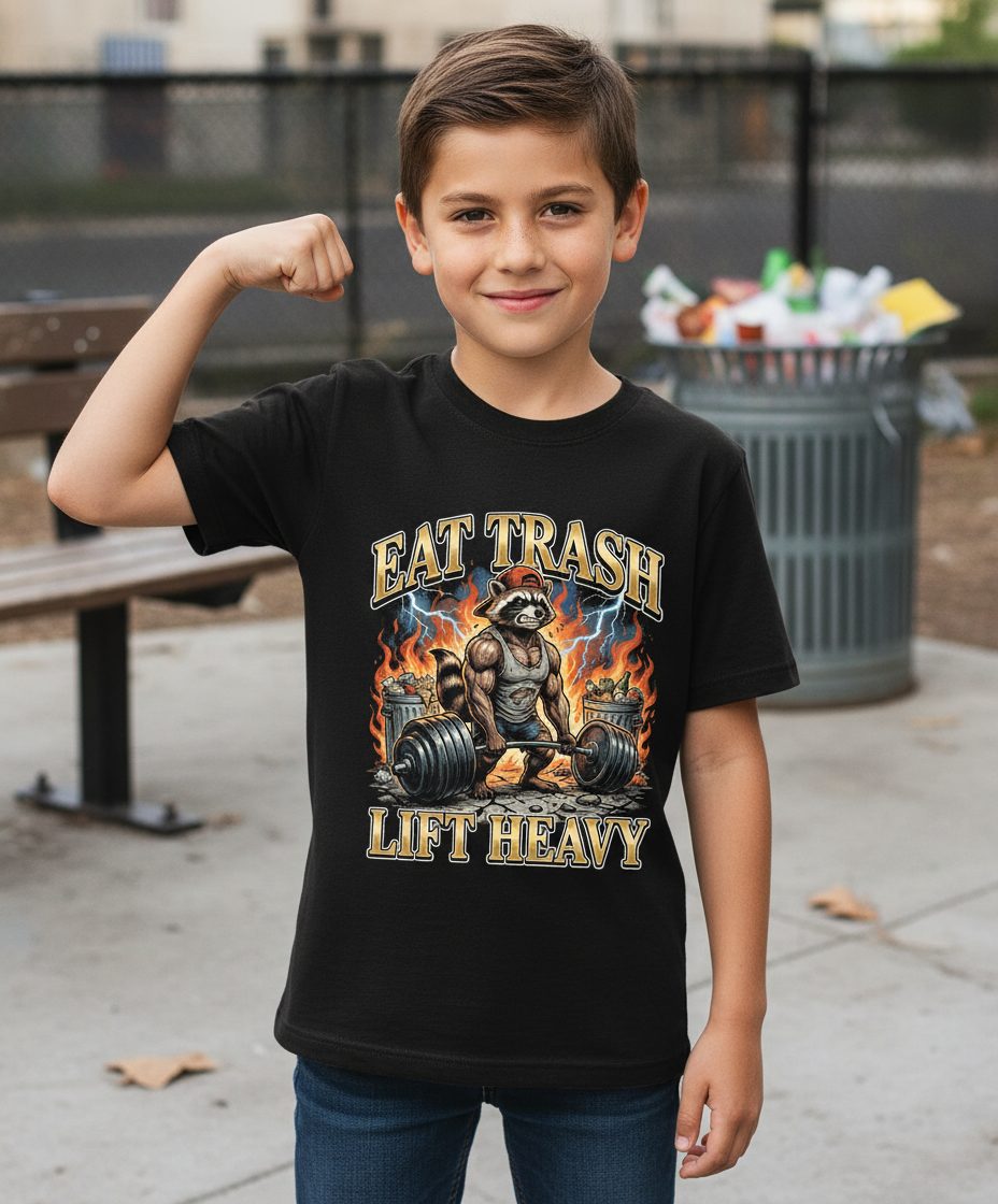 Eat Trash Lift Heavy raccoon Youth T-Shirt Black lifestyle mockup