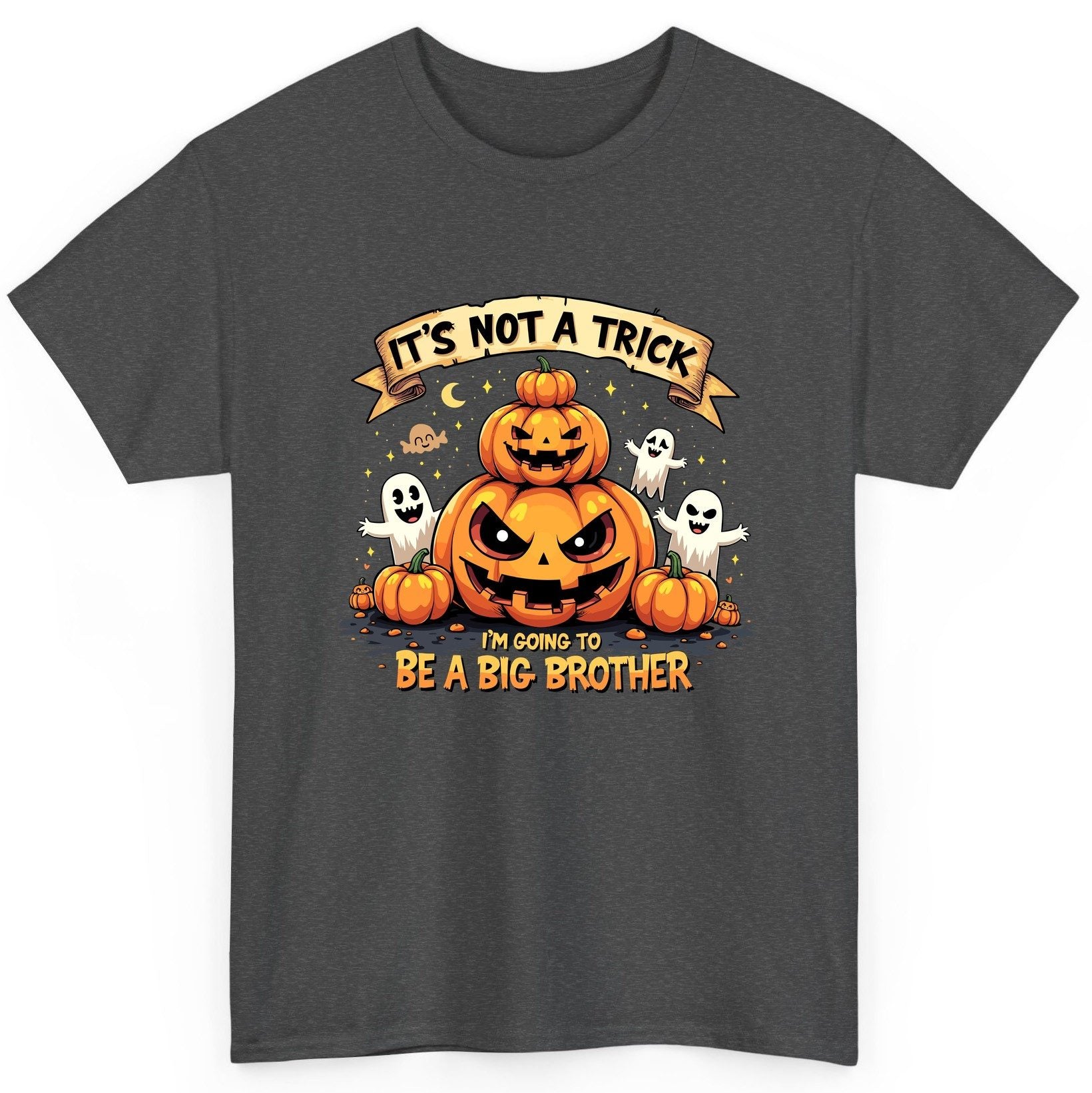 It's Not a Trick I'm Going to Be a Big Brother Halloween pregnancy announcement T-Shirt Dark Heather product mockup