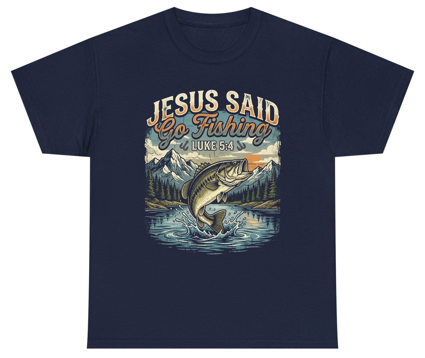 JESUS SAID Go Fishing LUKE 5 4 Retro Christian Youth T-Shirt - product mockup - Navy