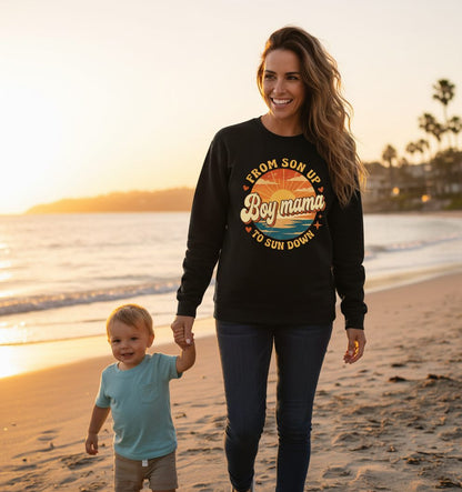 From Son Up to Sun Down Boy Mama Retro Mothers of Sons Sweatshirt - lifestyle model mockup - Black