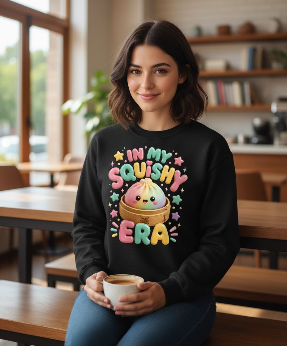 In My Squishy Era Cute Dumpling Sweatshirt - lifestyle model mockup - Black