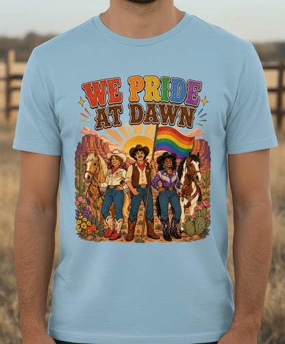 We Pride at Dawn Retro Lgbtq T-Shirt - product mockup - Light Blue