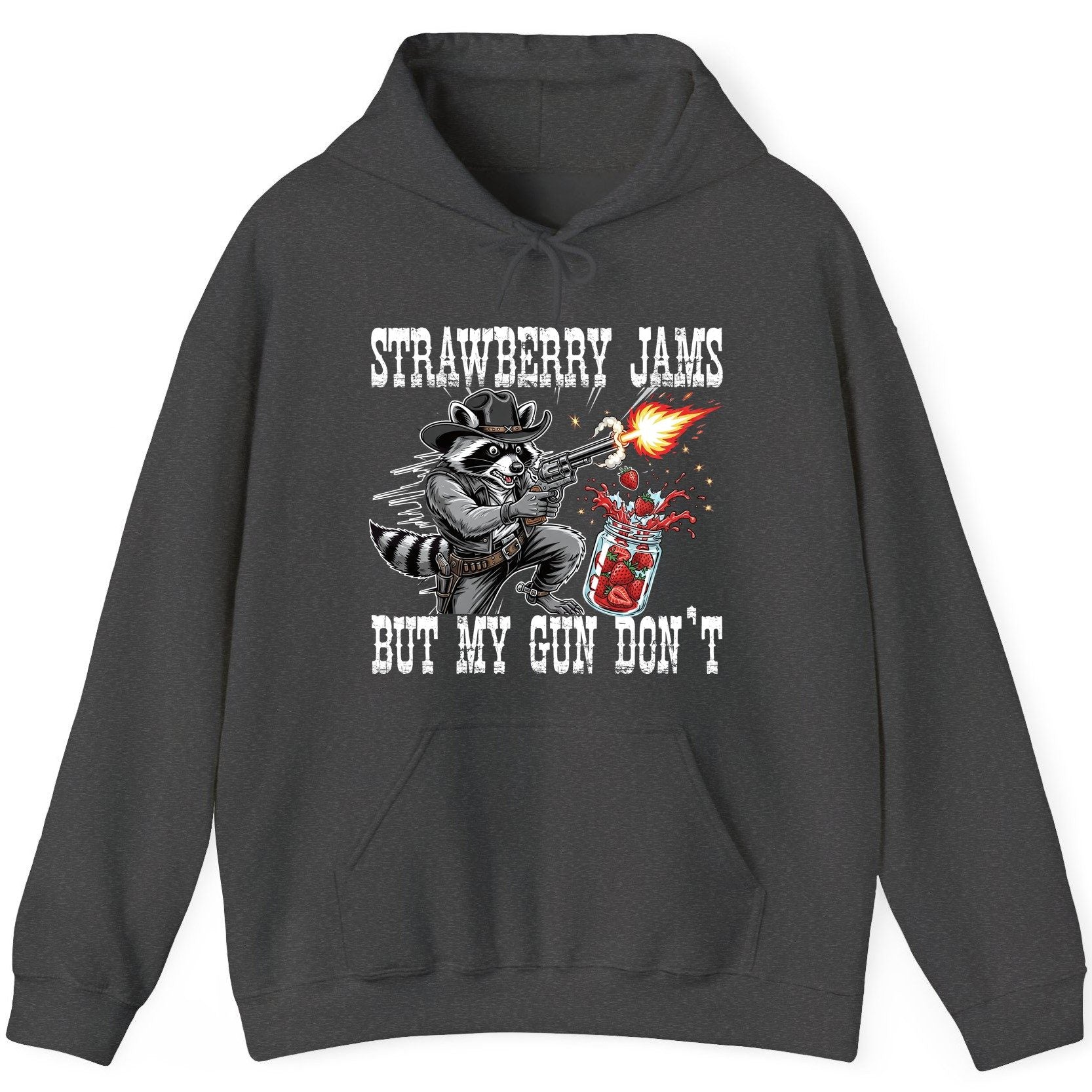 Strawberry Jams but My Gun Don't raccoon Hoodie Dark Heather product mockup