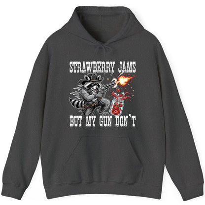Strawberry Jams but My Gun Don't raccoon Hoodie Dark Heather product mockup