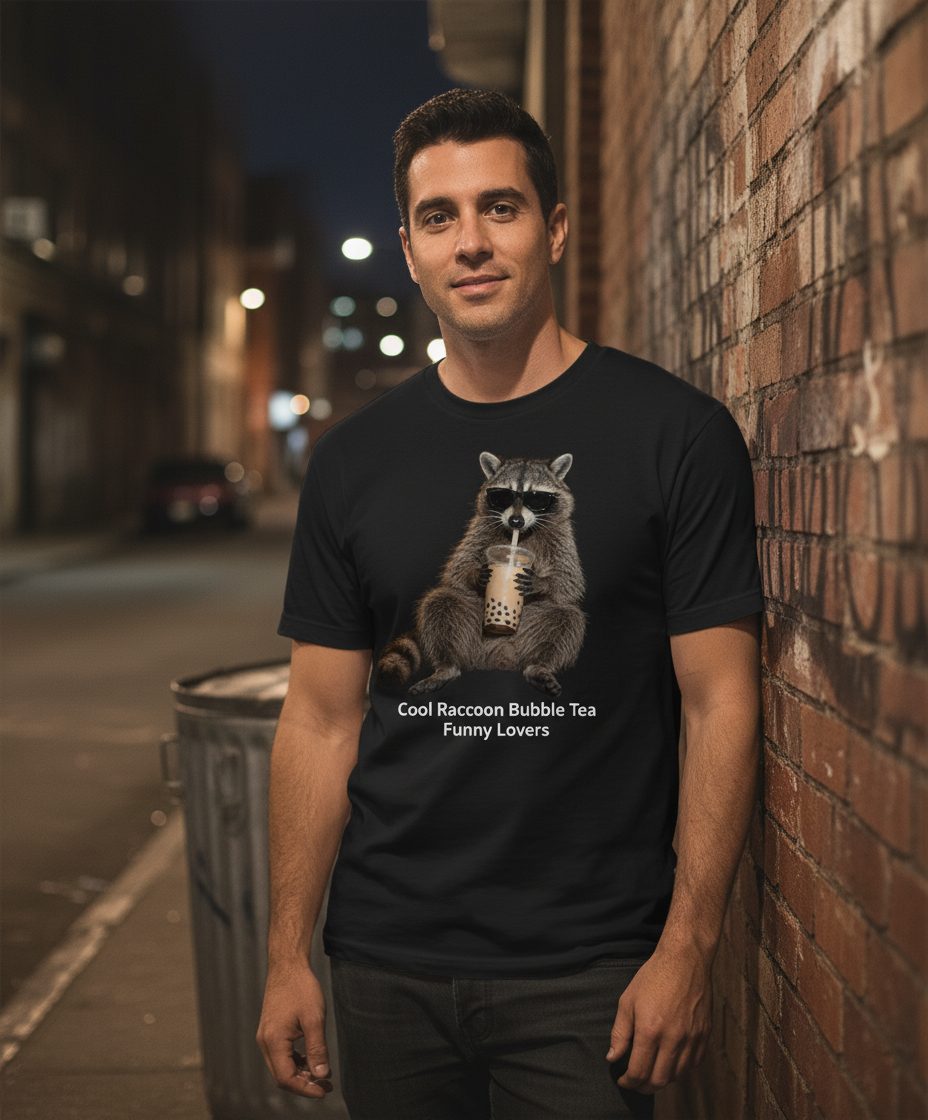 Cool Raccoon Bubble Tea Funny Lovers T-Shirt - lifestyle model mockup - Black