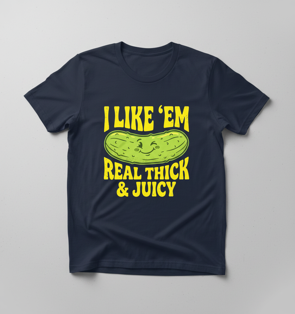 I Like 'Em Real Thick & Juicy Pickle Funny Food Pun T-Shirt - Navy