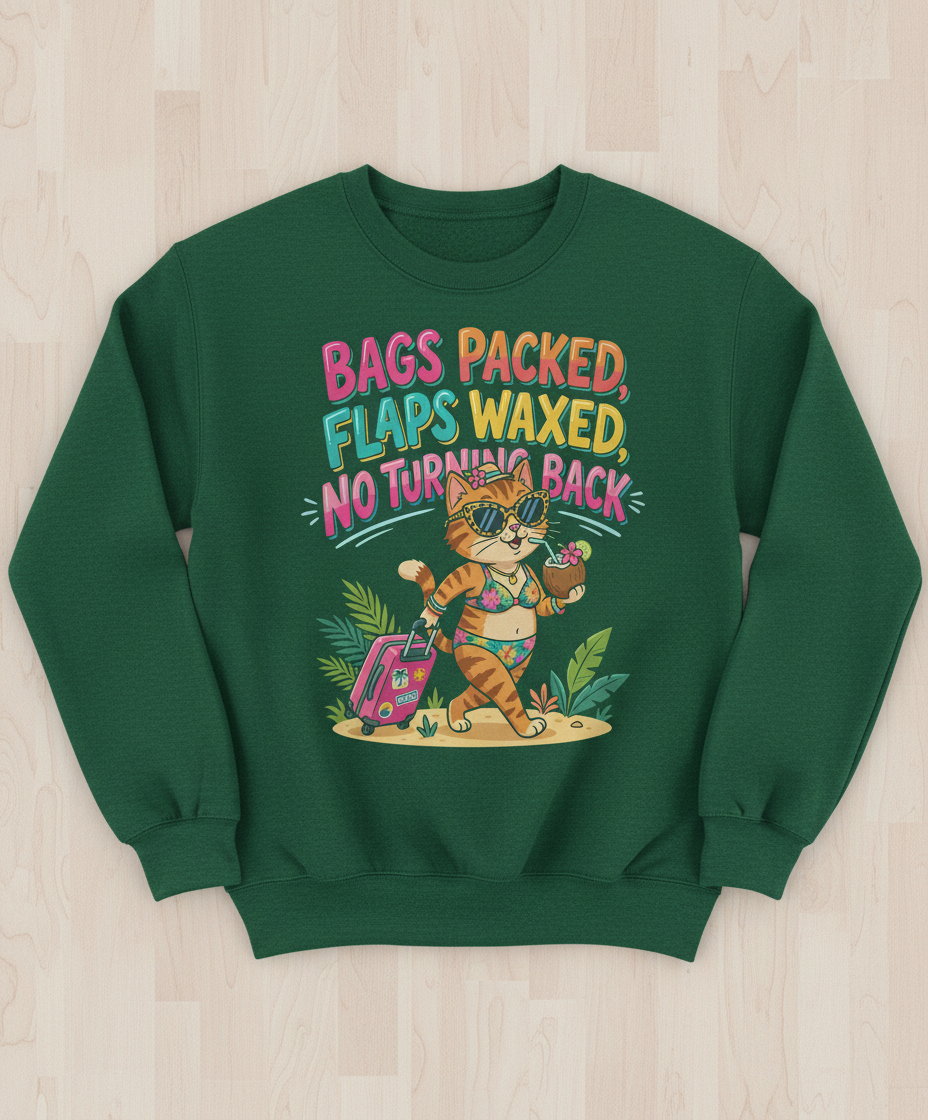 Funny Vacation Cat Bags Packed Flaps Waxed Sweatshirt - Forest Green