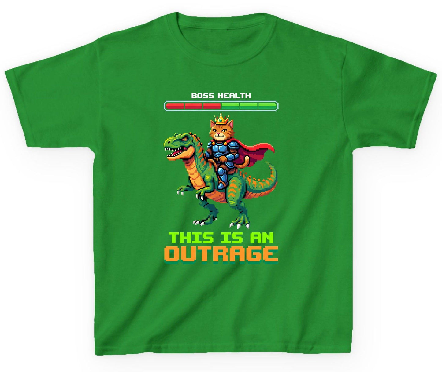 THIS IS AN OUTRAGE Cat riding a dinosaur Youth T-Shirt Irish Green product mockup