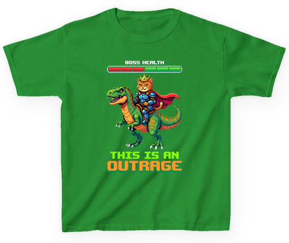 THIS IS AN OUTRAGE Cat riding a dinosaur Youth T-Shirt Irish Green product mockup