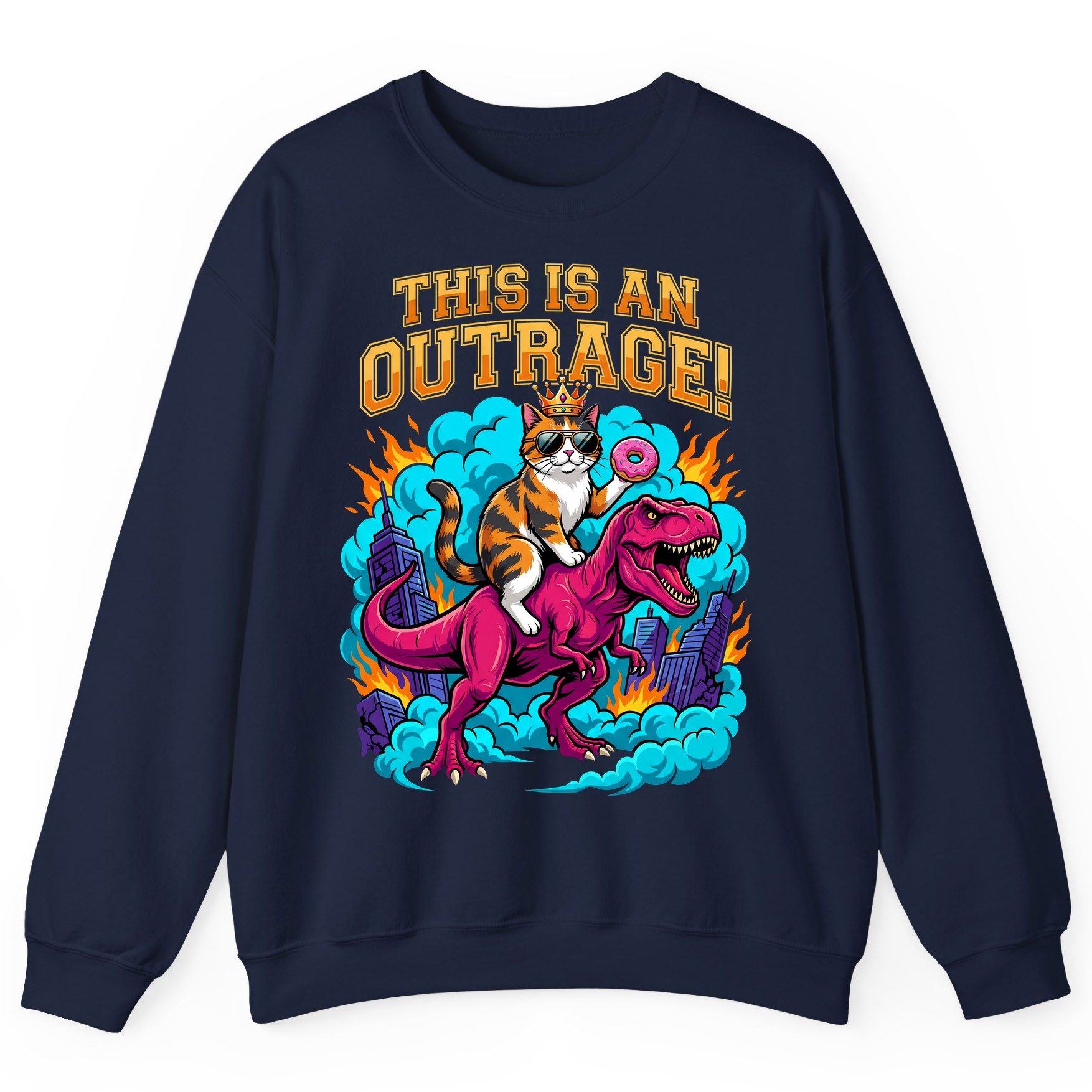 THIS IS AN OUTRAGE! Cat riding a T-Rex Sweatshirt Navy product mockup