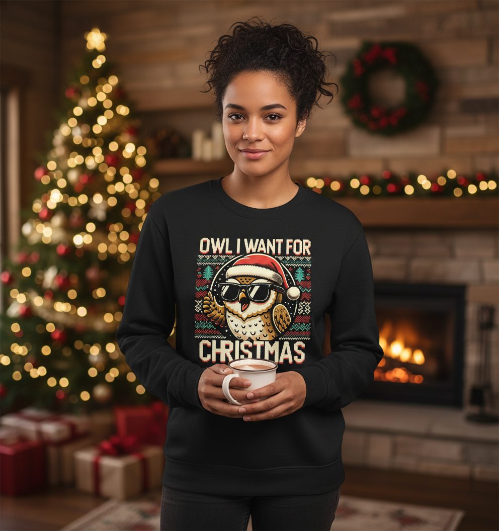 Owl I Want for Christmas Christmas owl Sweatshirt Black lifestyle mockup