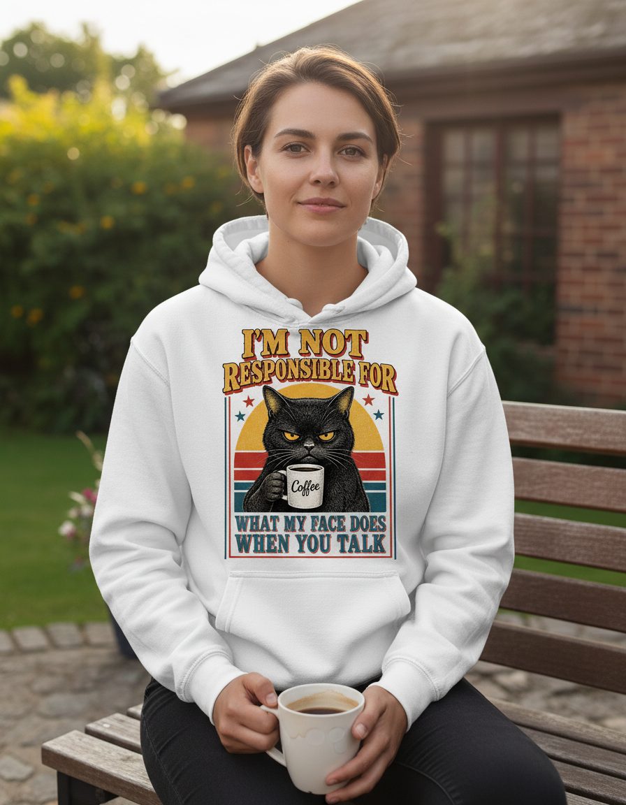 I'm Not Responsible for What My Face Does When You Talk Funny Sarcastic Cat Hoodie - lifestyle model mockup - White