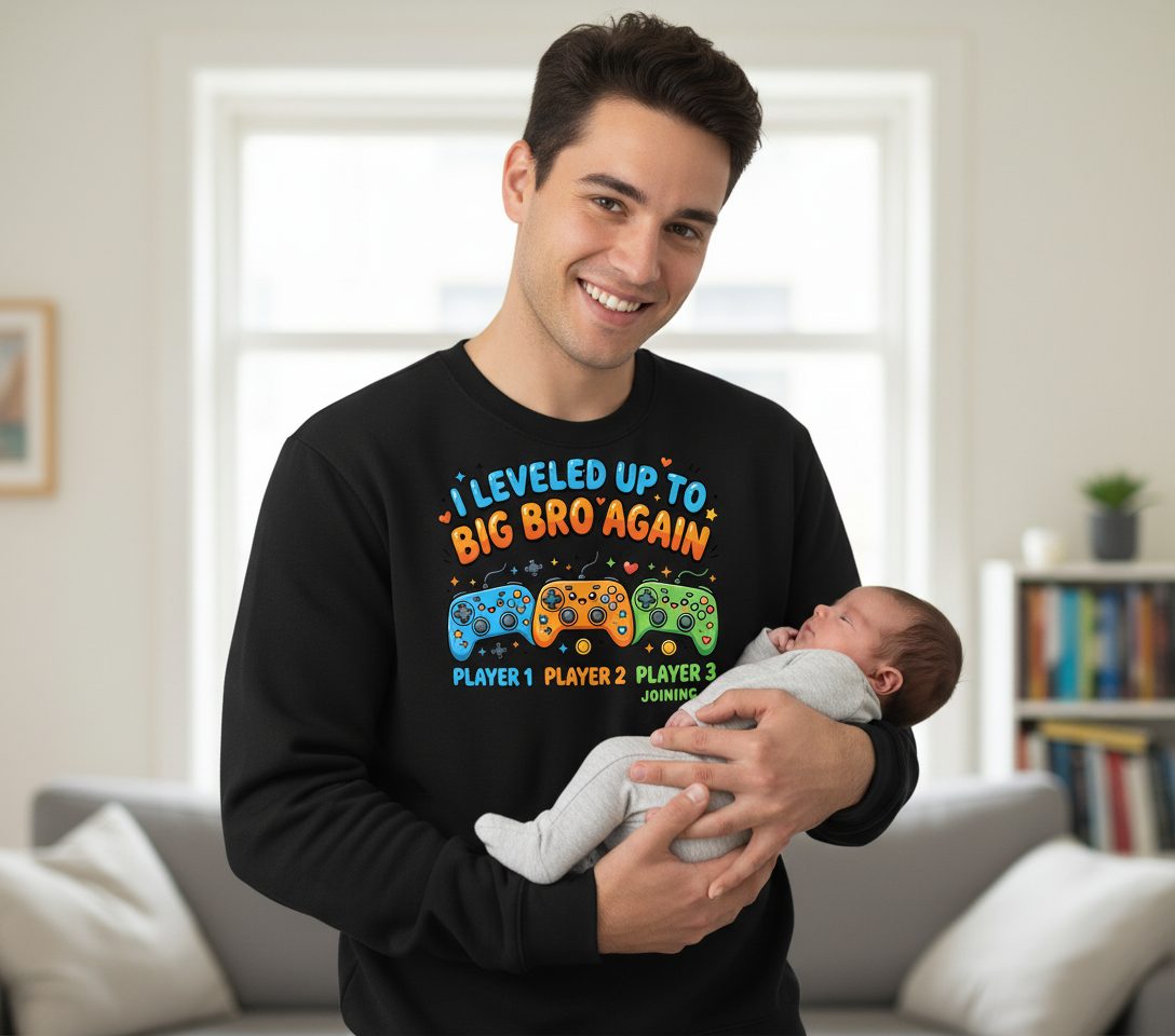 I Leveled UP TO BIG BRO AGAIN Brother Announcement Sweatshirt - lifestyle model mockup - Black