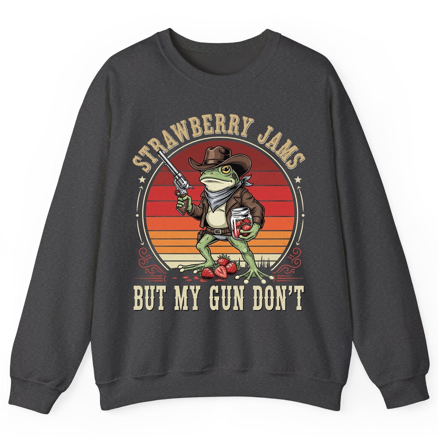 Strawberry Jams but My Gun Don't cowboy frog Sweatshirt Dark Heather product mockup